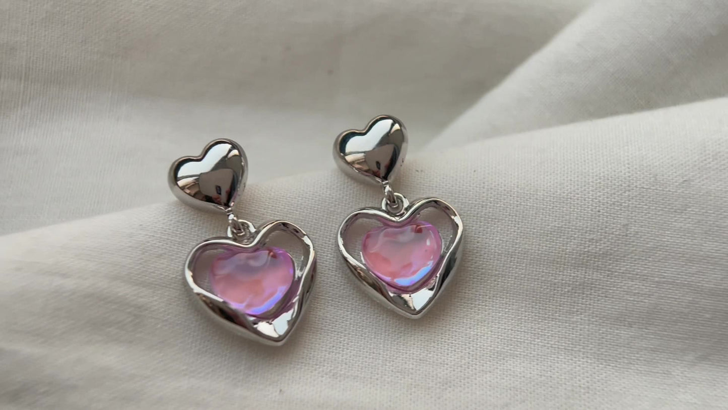 Iridescent Pink Heart Drop Earrings – French Sweet Chic with Edgy Twist accessories