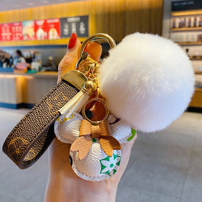 Luxury Mickey Keychain – Faux Leather & Fur Pom Charm for Handbag or Car