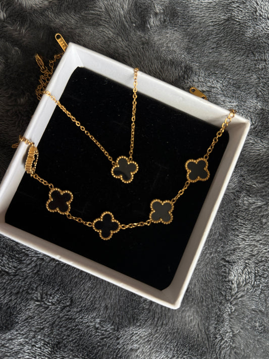 Black flower design necklace and bracelet gold plated