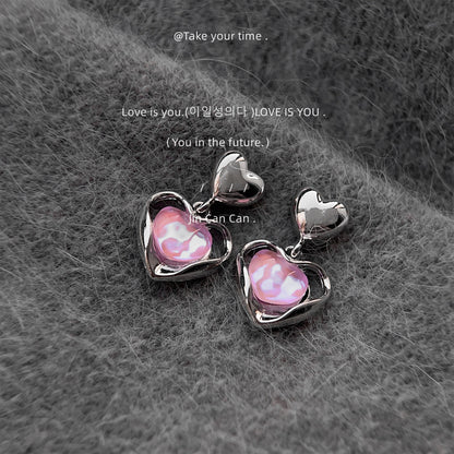 Iridescent Pink Heart Drop Earrings – French Sweet Chic with Edgy Twist accessories