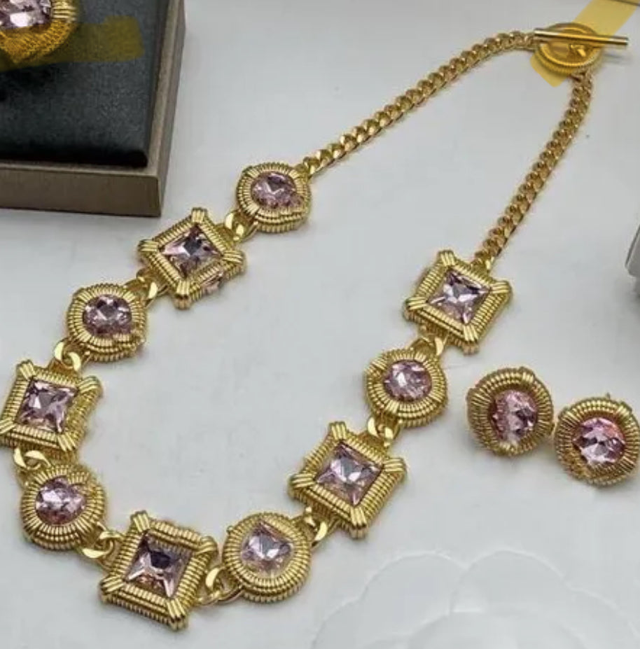 Designer Brand Pink Diamond Necklace Earrings Set