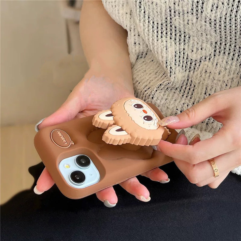 Cute Cartoon Labubu Zimomo Silicone with Stand | Brown/Pink - iPhone Case