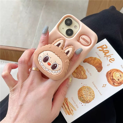 Cute Cartoon Labubu Zimomo Silicone with Stand | Brown/Pink - iPhone Case