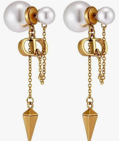 CD logo earrings with chain connect to pearl