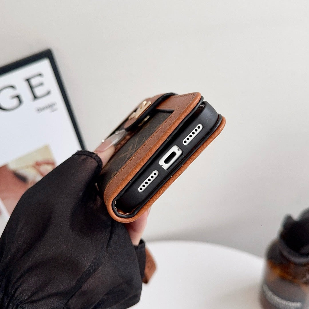 Lou Luxury Pattern Wallet iPhone Case with Card Holder and Strap
