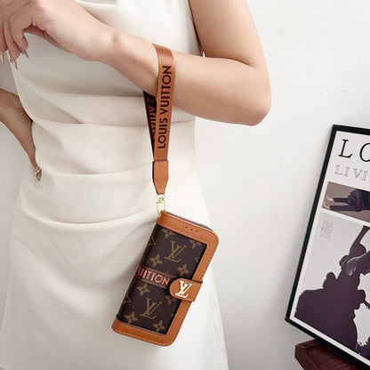 Lou Luxury Pattern Wallet iPhone Case with Card Holder and Strap