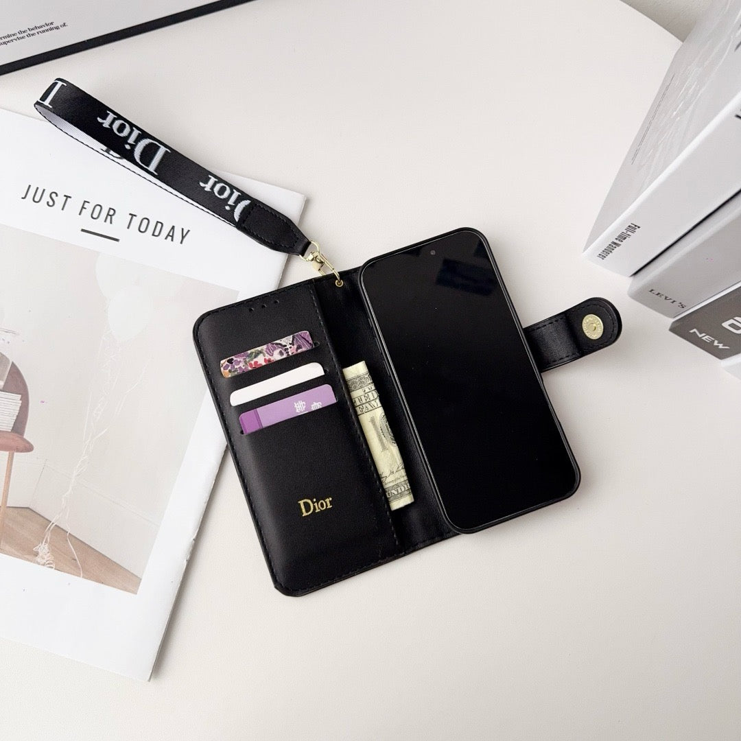 CD Elegant Pattern Wallet iPhone Case with Detachable Wrist Strap