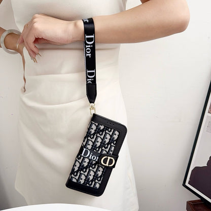 CD Elegant Pattern Wallet iPhone Case with Detachable Wrist Strap