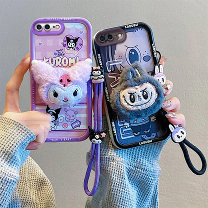 3D Cartoon Labubu Fur Phone Case for Samsung With Strap Plush Kuromi Toy Soft Cover