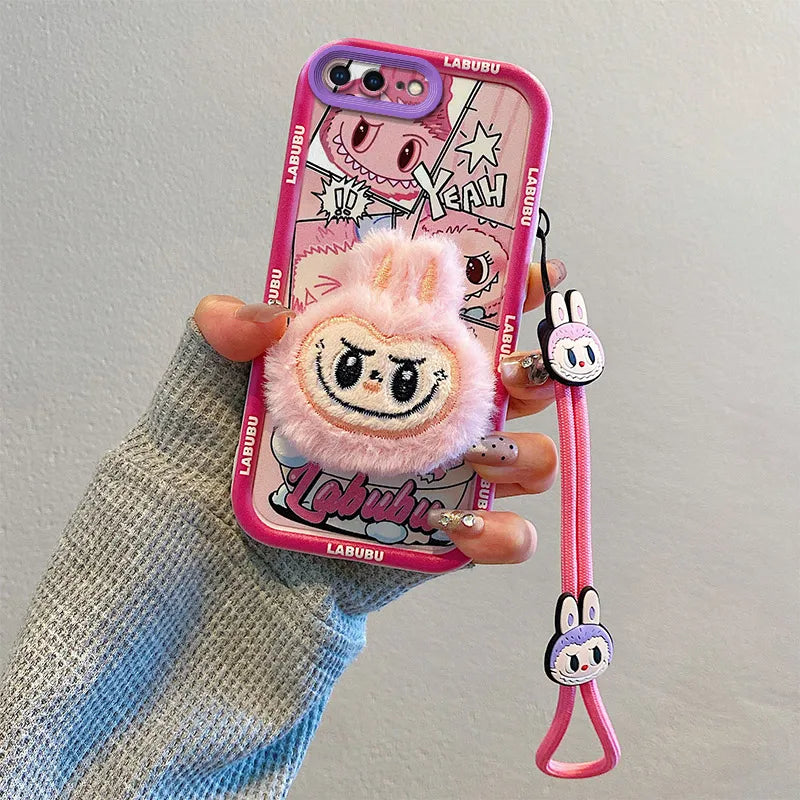 3D Cartoon Labubu Fur Phone Case for Samsung With Strap Plush Kuromi Toy Soft Cover