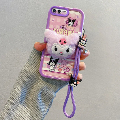3D Cartoon Labubu Fur Phone Case for Samsung With Strap Plush Kuromi Toy Soft Cover